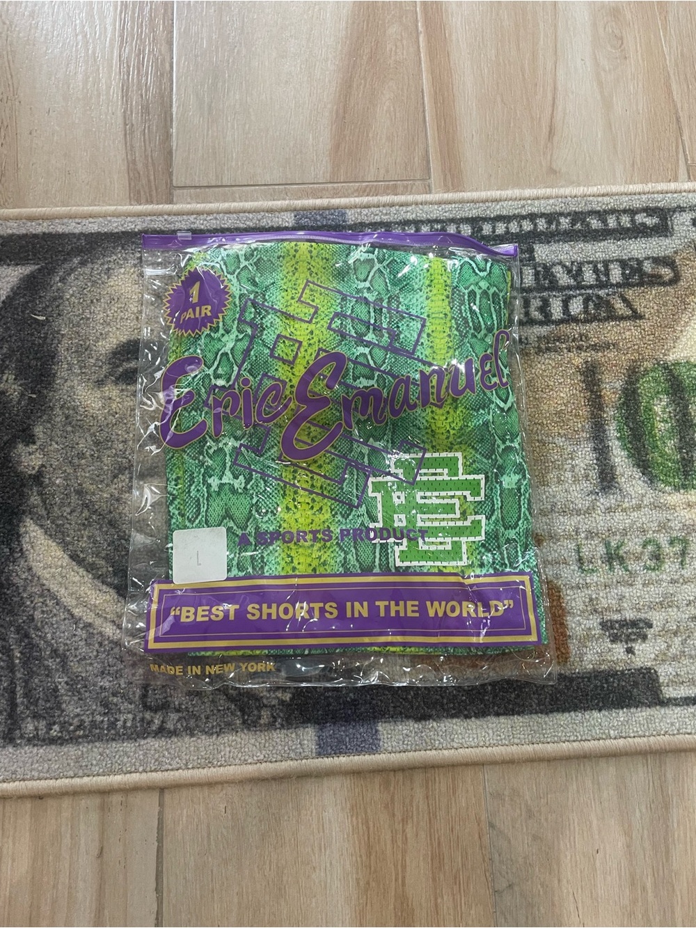 Eric Emanuel Lime Green Snake-Print Shorts with Purple Logo